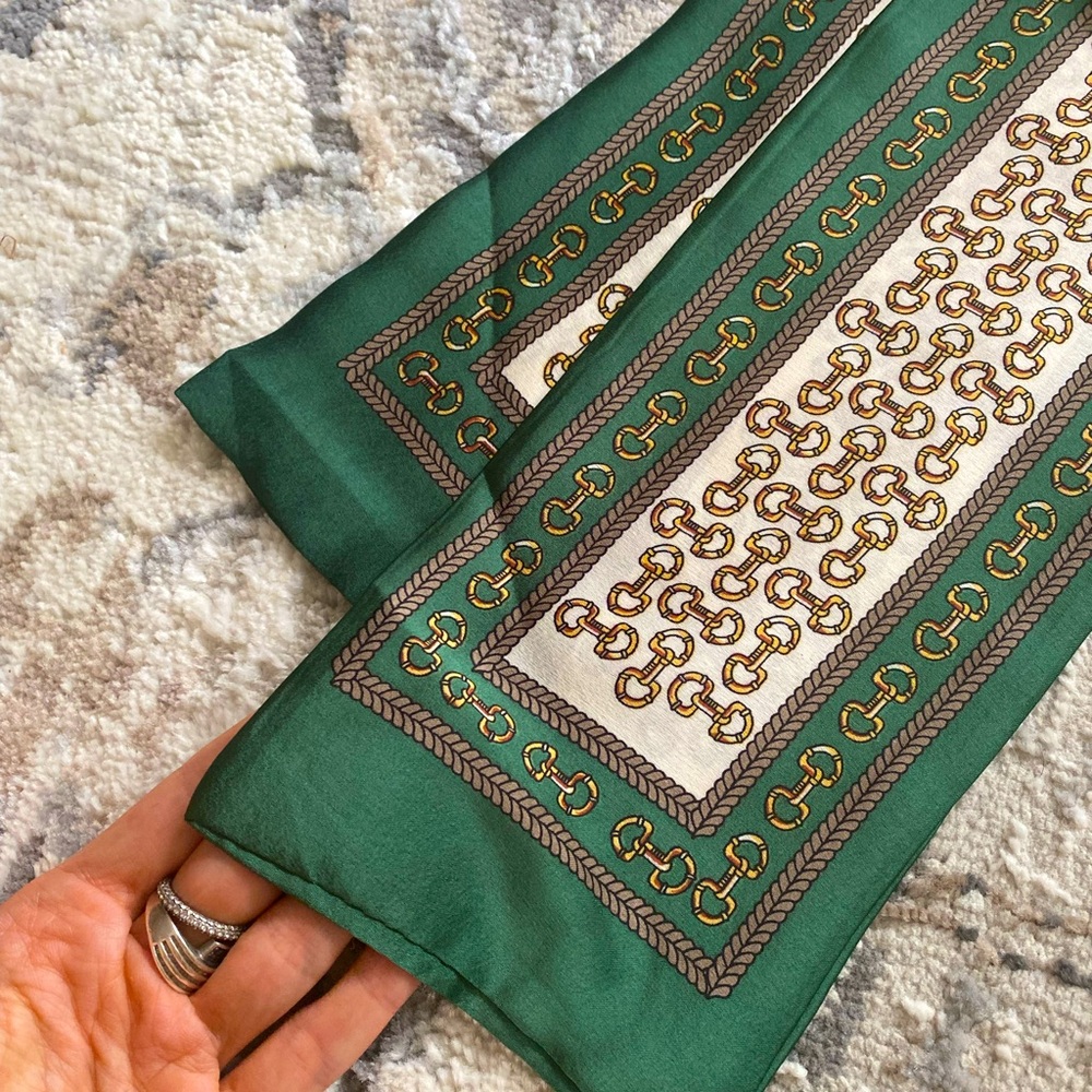 New Long Multipurpose Saddle Print Scarf Silk Like Green Cream Brown Stripe - Picture 11 of 13